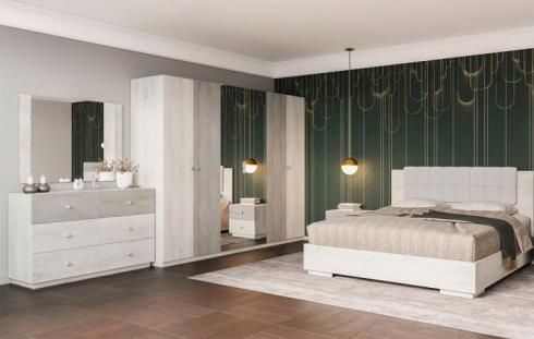 Спальня Вивиан   Кровать, 2 тумбочки, Комод 3Ш + 3Ш, Шкаф 6Д, Зеркало • Аляска